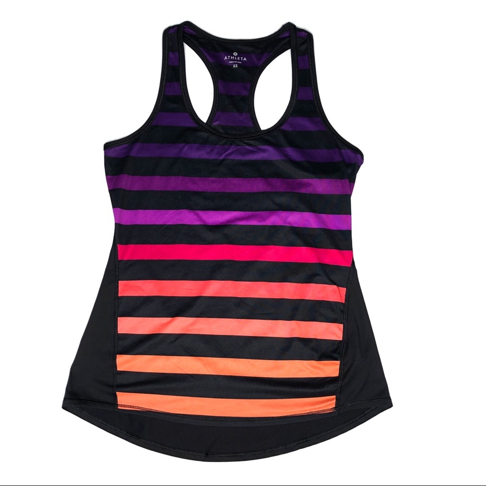 Athleta Black Tank Top with Purple, Pink and Orange Stripes